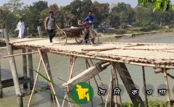 নড়াইলে ভৈরব নদের ওপর বাঁশের সেতু দিয়ে ঝুঁকিপূর্ণ পারাপার!